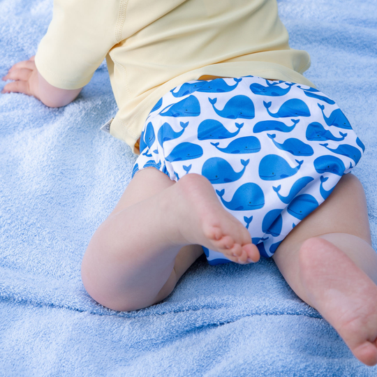 Schlori Schwimmwindel Wal von Schlori-Schwimmartikel GmbH als blaue Schwimmwindel mit weißem Walmuster für Babys auf blauem Handtuch
